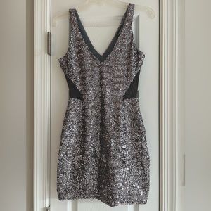 Bebe Sequined Mesh Cut-Out Party Dress, Size XS, Silver